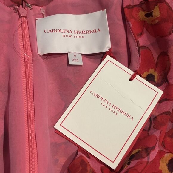 NWT. $2690 Carolina Herrera Silk Floral V-Neck Waist-Tie Midi Dress Sz 6 - Picture 10 of 11